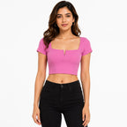 Women's Radiant Rose Ribbed Notch Neck Crop Top-3