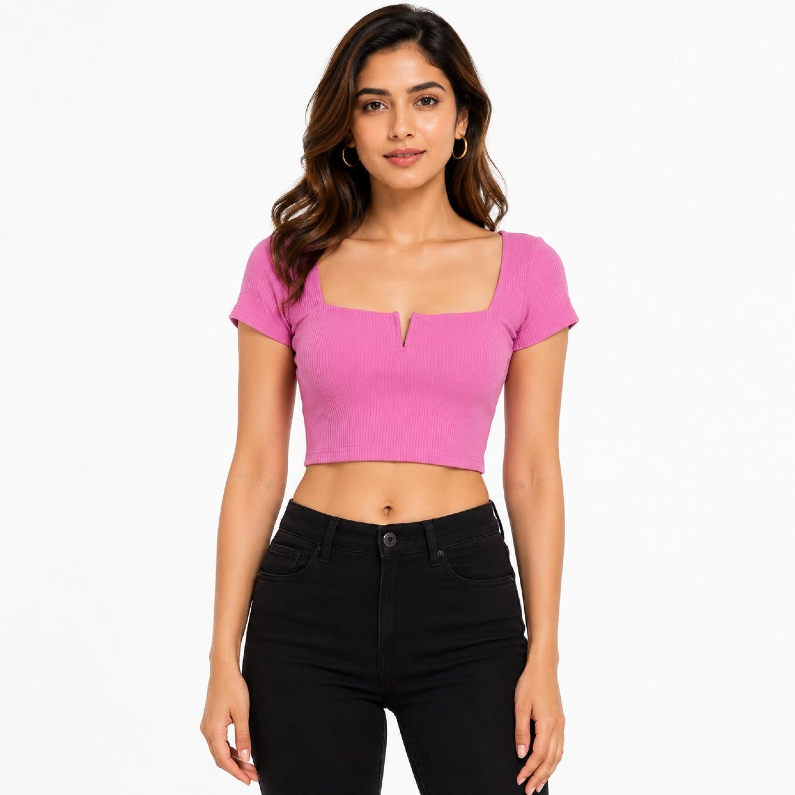 Women's Radiant Rose Ribbed Notch Neck Crop Top-3