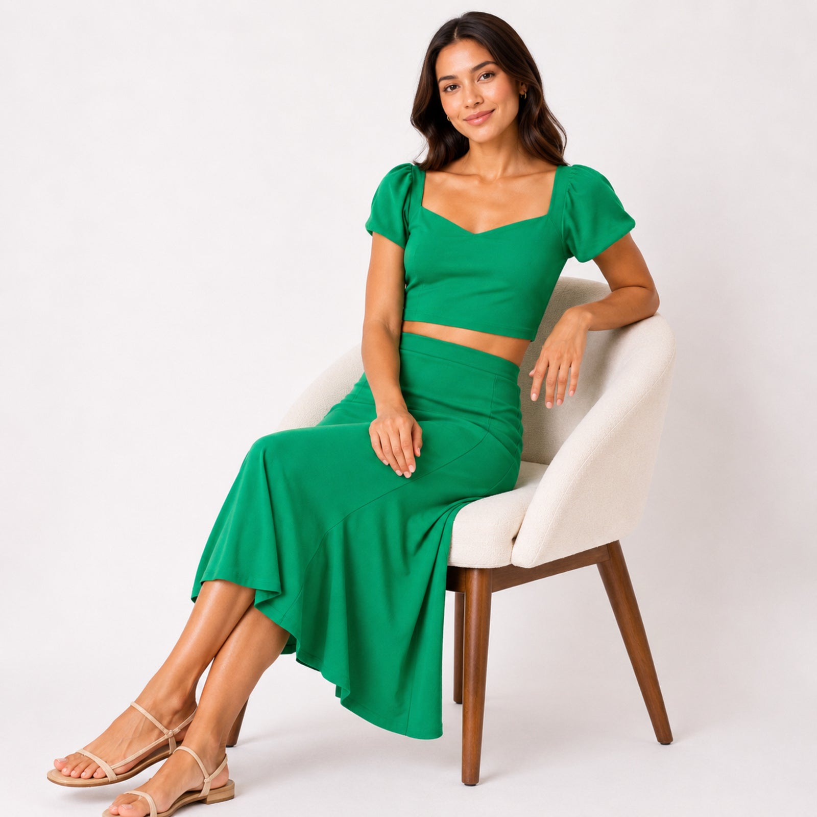 Women's Green Puff Sleeve Crop Top and Midi Skirt Co-Ord Set-2