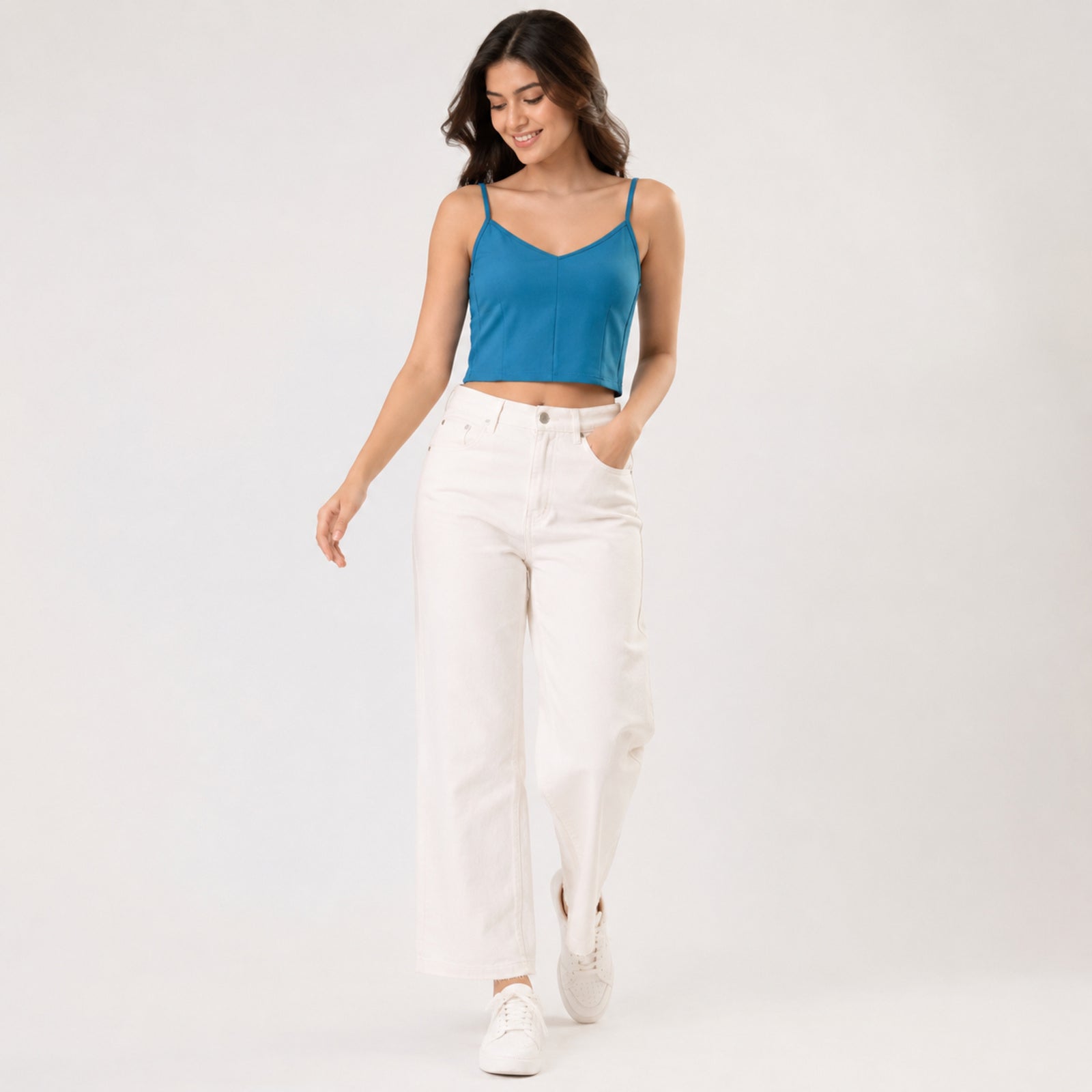 Women's Teal V-Neck Camisole Crop Top | Solid Spaghetti Strap Casual Tank Top-1