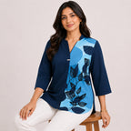 Women's Avant-Garde Teal Cerulean Abstract Leaf Print Asymmetric Tunic Shirt-1