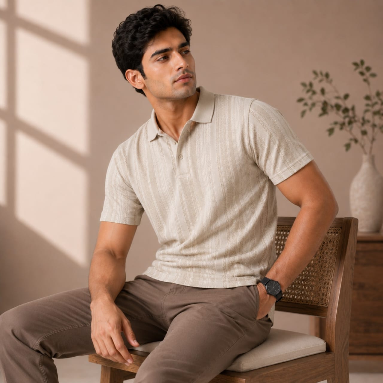 Men's Sand Beige Textured Polo T-Shirt-3