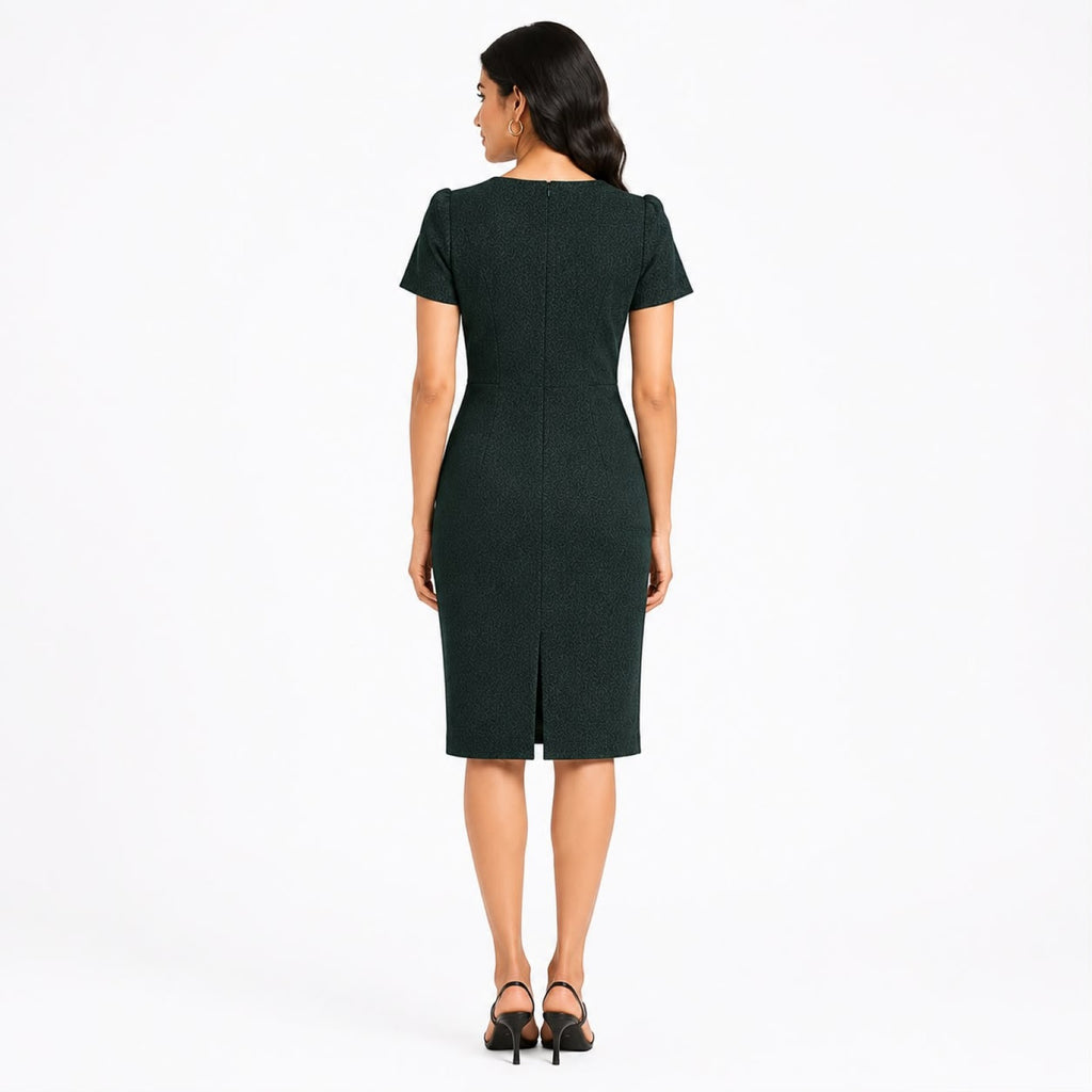 Women's Regal Emerald Green Textured Sheath Dress with Starburst Embellishments-4