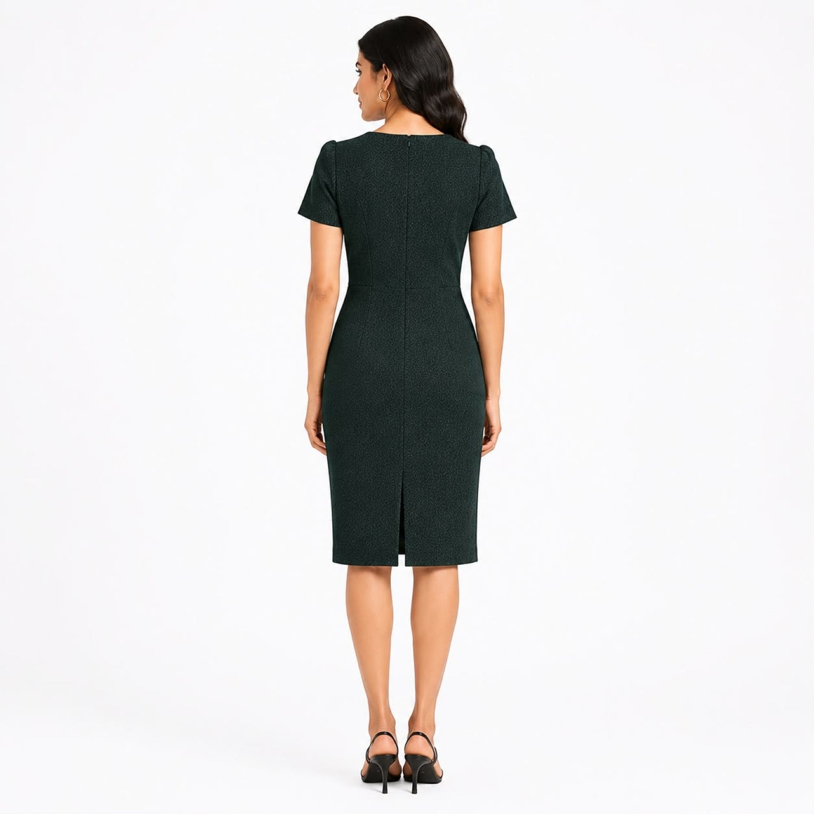 Women's Regal Emerald Green Textured Sheath Dress with Starburst Embellishments-4