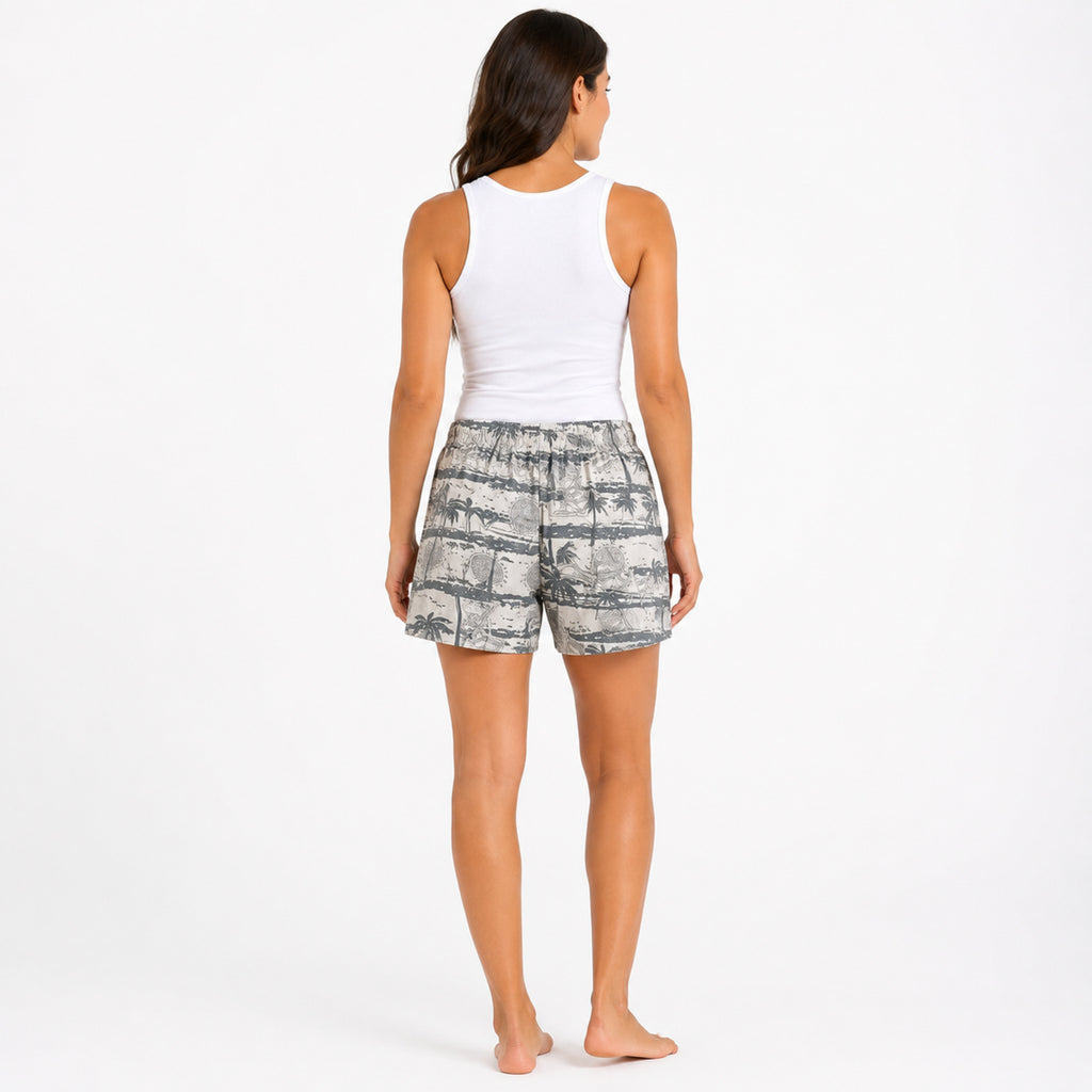 Women's Light Gray Tropical Beach Print Drawstring Shorts | Casual Summer Shorts with Pockets-4