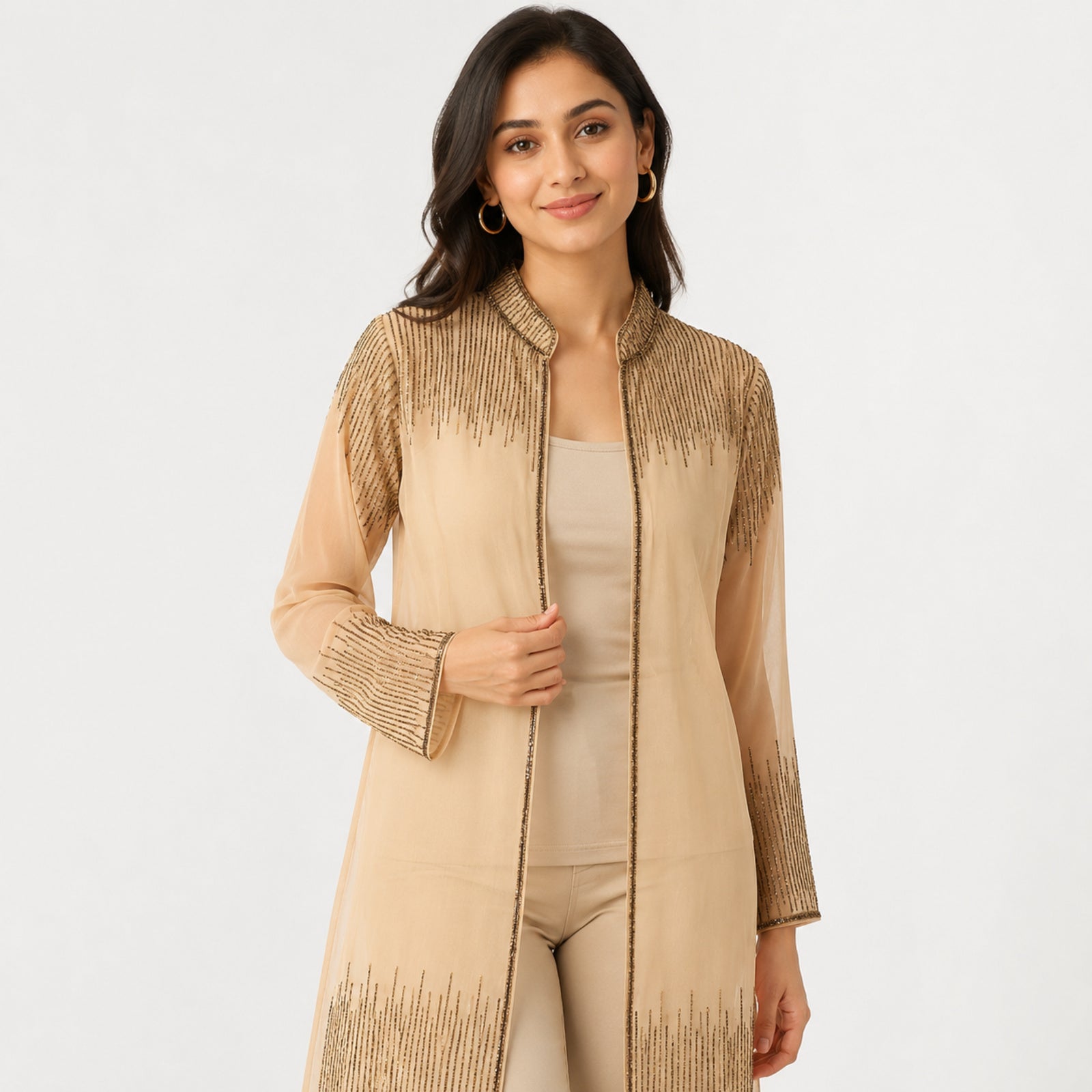 Women's Beige Embellished Sheer Longline Open Front Shrug | Elegant Festive Layering Jacket-2