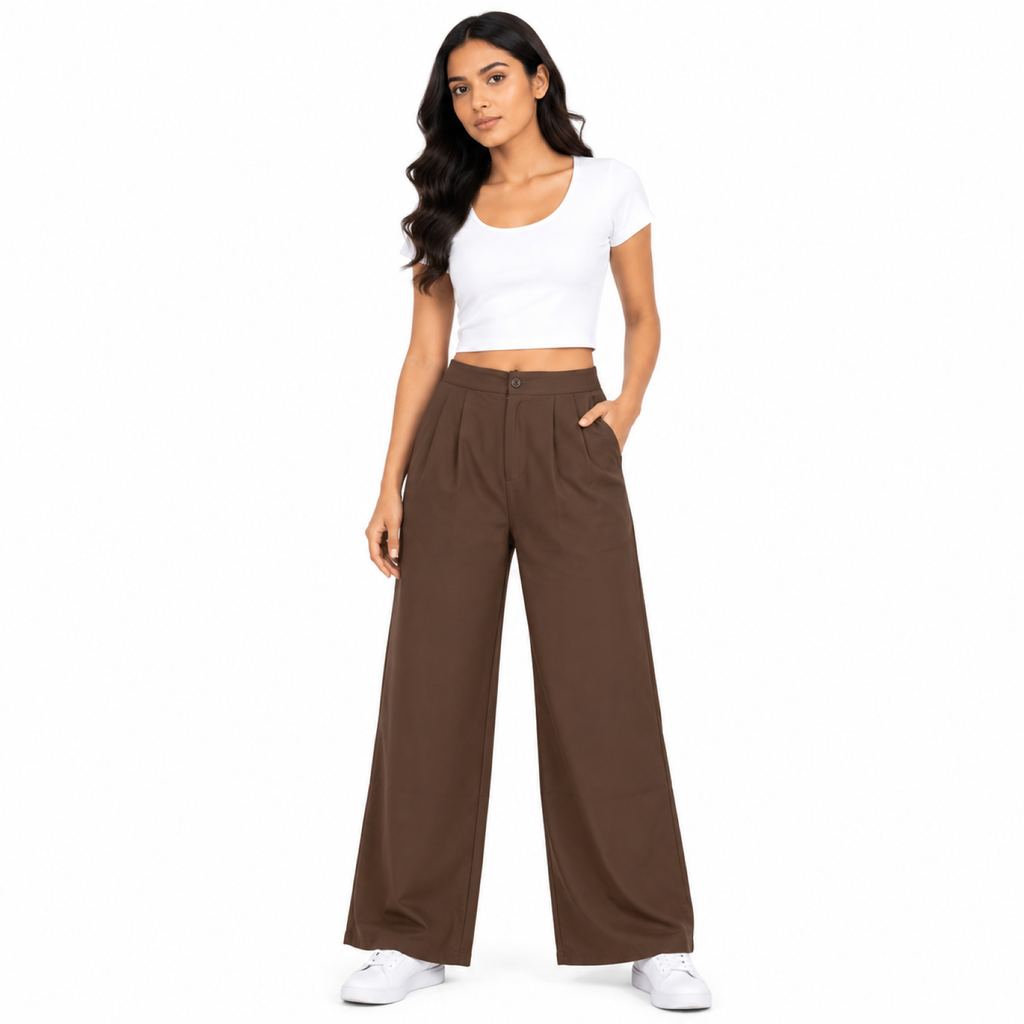 Women's Rust High-Waist Pleated Wide Leg Casual Trousers-1
