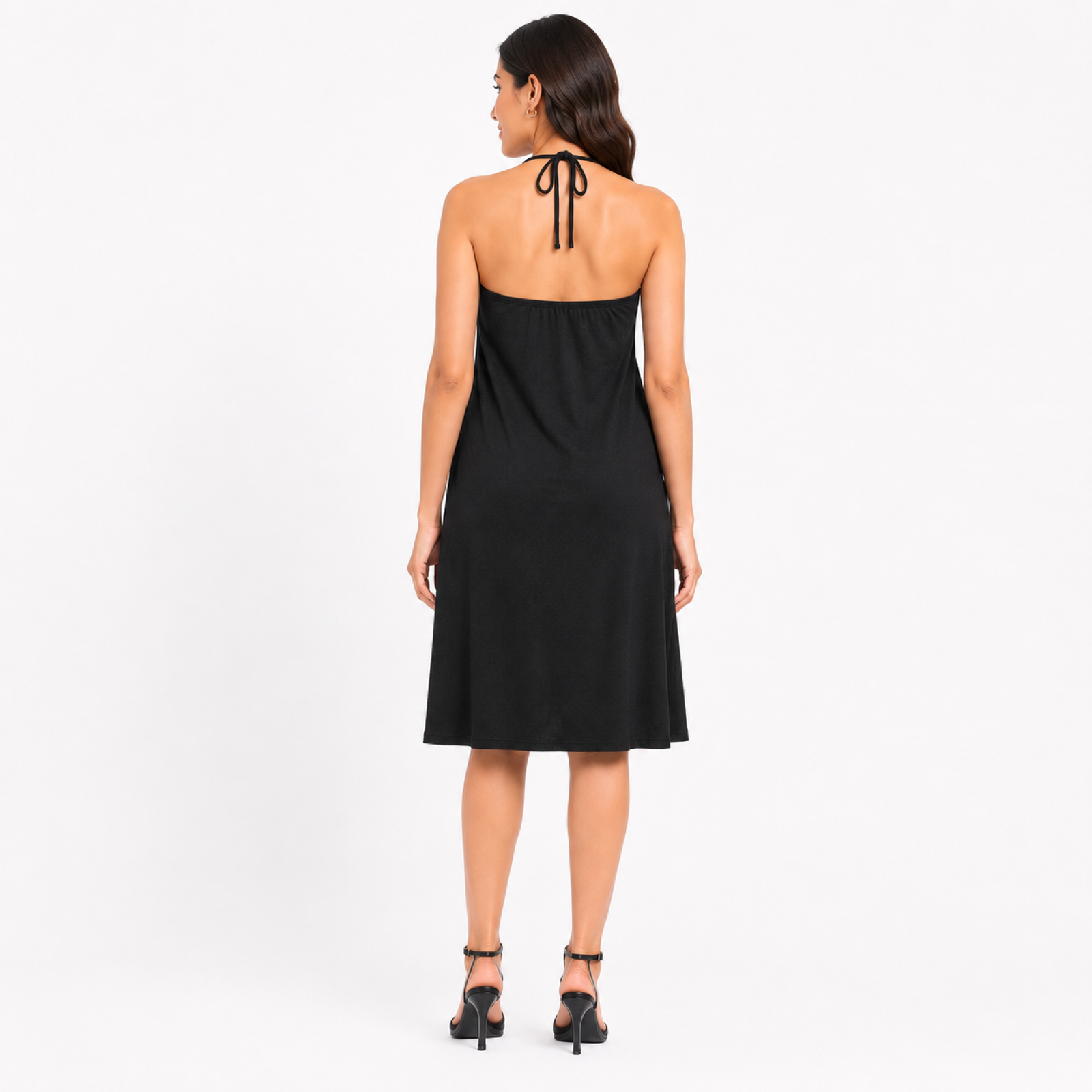 Women's Black Halter Neck Midi Dress | Sleeveless A-Line Solid Casual & Party Dress-3