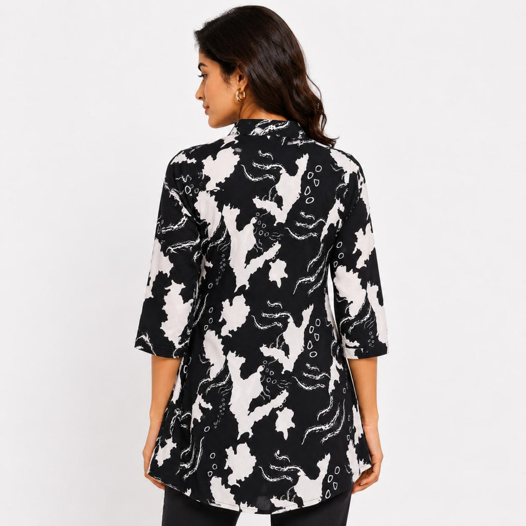 Women's Monochrome Onyx Abstract Graphic Printed High-Low Tunic Shirt-3