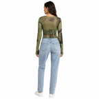 Women's Green Abstract Print Sheer Mesh Crop Top-4