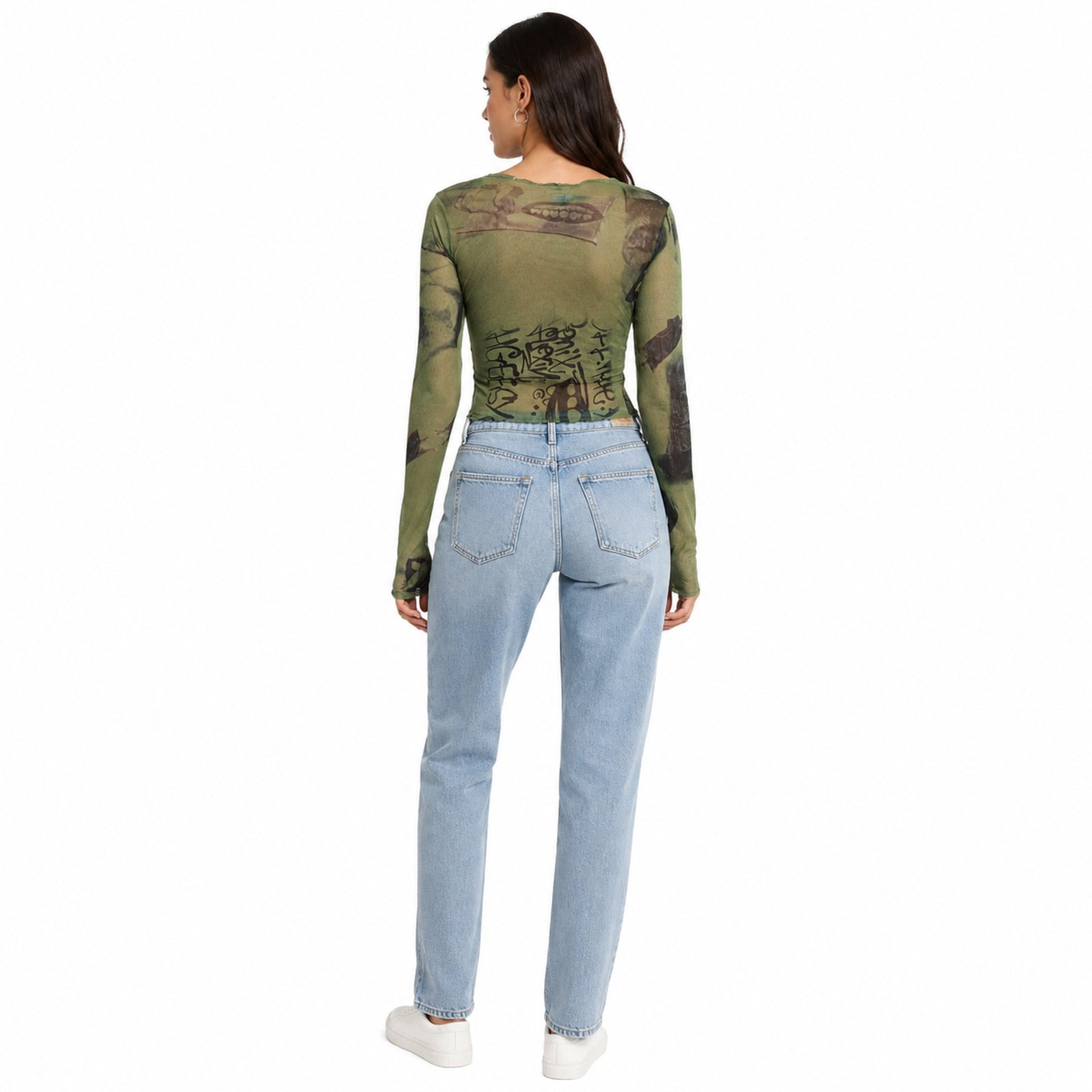 Women's Green Abstract Print Sheer Mesh Crop Top-4