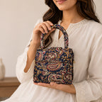Women's Luxury Kalamkari Paisley Navy Blue Handbag with Structured Top Handle-1