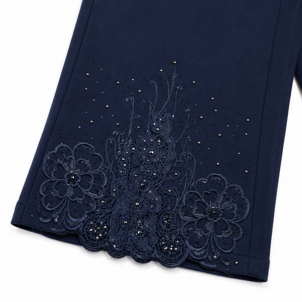 Women's Navy Blue Embroidered Wide Leg Palazzo Pants | High-Rise Casual Bottom Wear-2