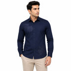 Men's Navy Blue Tonal Leaf Embroidered Shirt | Elegant Full Sleeve Dress Shirt-1