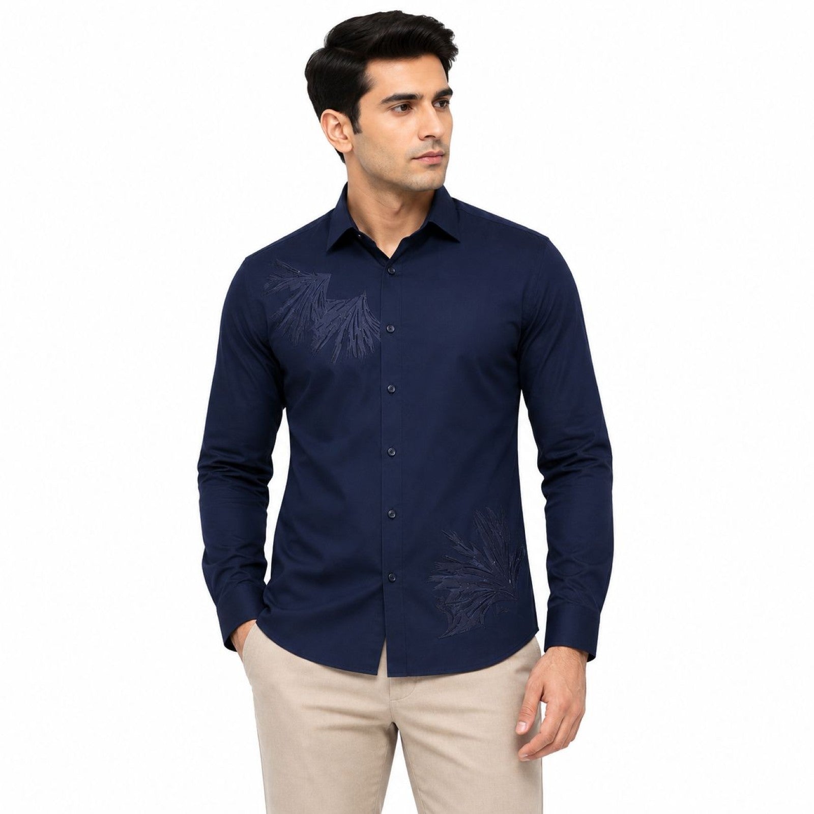 Men's Navy Blue Tonal Leaf Embroidered Shirt | Elegant Full Sleeve Dress Shirt-1