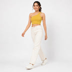 Women's Parrot Green One-Shoulder Crop Top | Ribbed Asymmetrical Casual Top-1