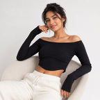 Women's Black Ribbed Off Shoulder Full Sleeve Crop Top-3