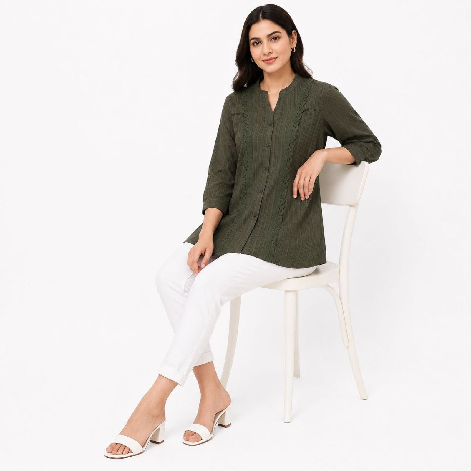 Women's Olive Green Textured Tunic Top | Mandarin Collar 3/4 Sleeve Button-Down Casual Shirt-3