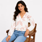 Women's White Leaf Print V-Neck Long Sleeve Top-2