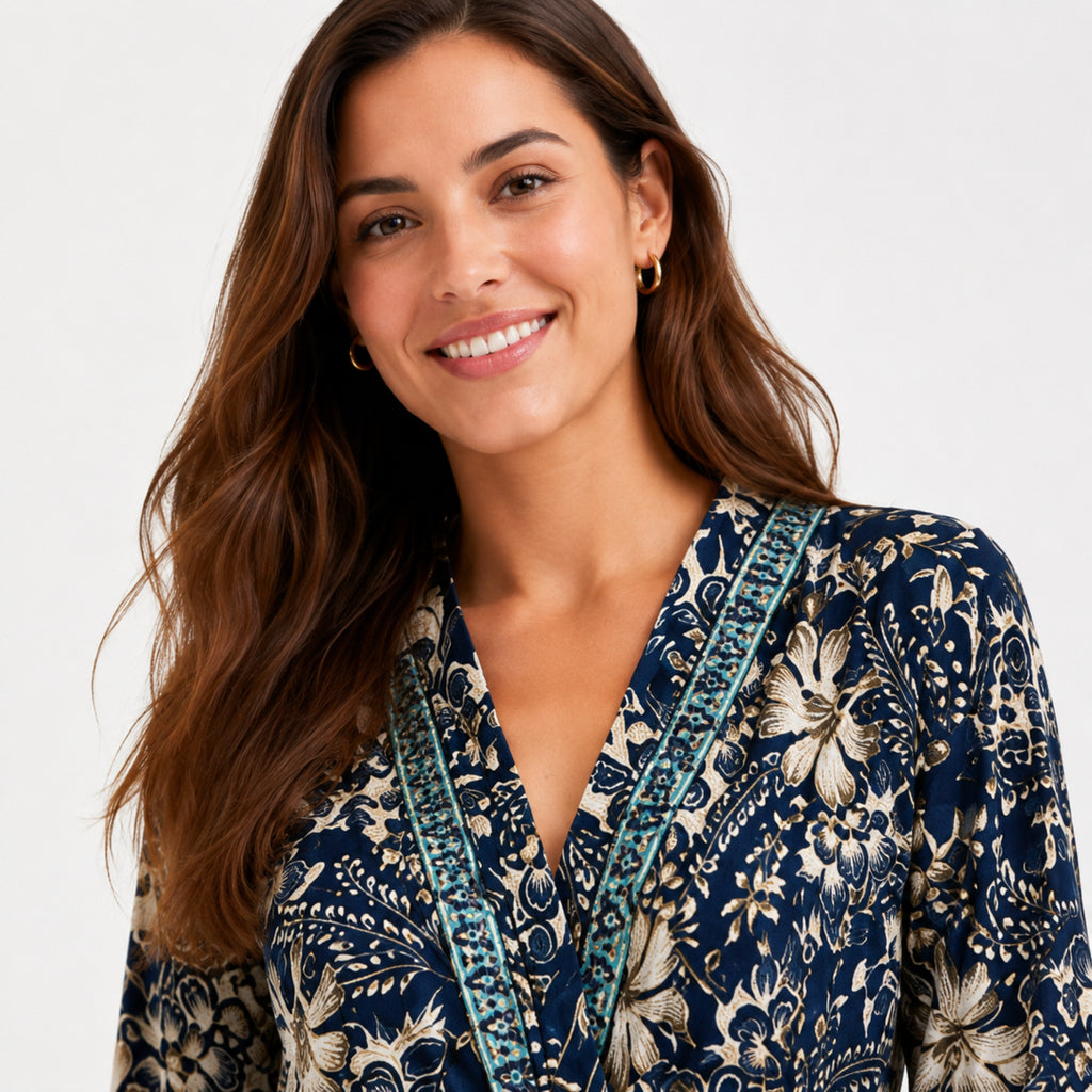 Women's Navy Blue Floral Border Print V-Neck Wide Leg Jumpsuit | Full Sleeve Resort Wear Jumpsuit-3