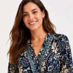Women's Navy Blue Floral Border Print V-Neck Wide Leg Jumpsuit | Full Sleeve Resort Wear Jumpsuit-3