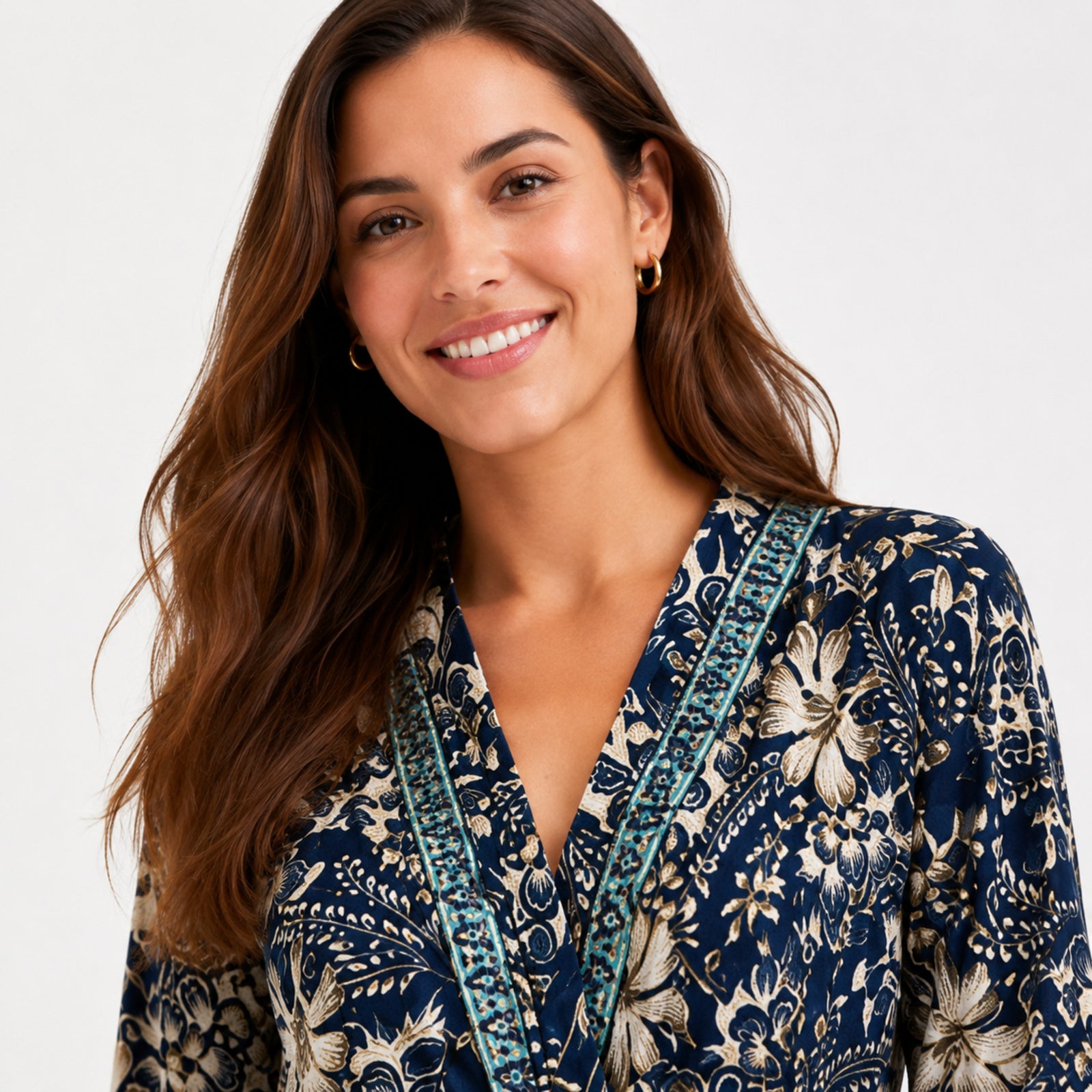 Women's Navy Blue Floral Border Print V-Neck Wide Leg Jumpsuit | Full Sleeve Resort Wear Jumpsuit-3