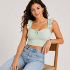 Women's Sage Whisper Ribbed Ruffle Strap Crop Top-1