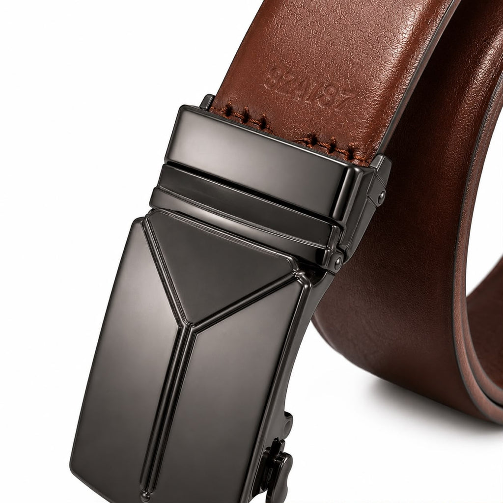 Men's Black & Brown Automatic Buckle Leather Belt-4