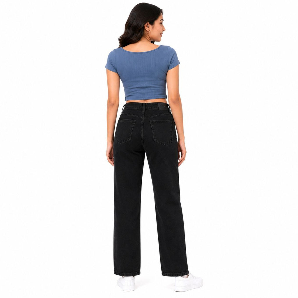 Women's High-Rise Black Straight Fit Jeans | Solid Full Length Denim Pants for Everyday Casual Wear-3