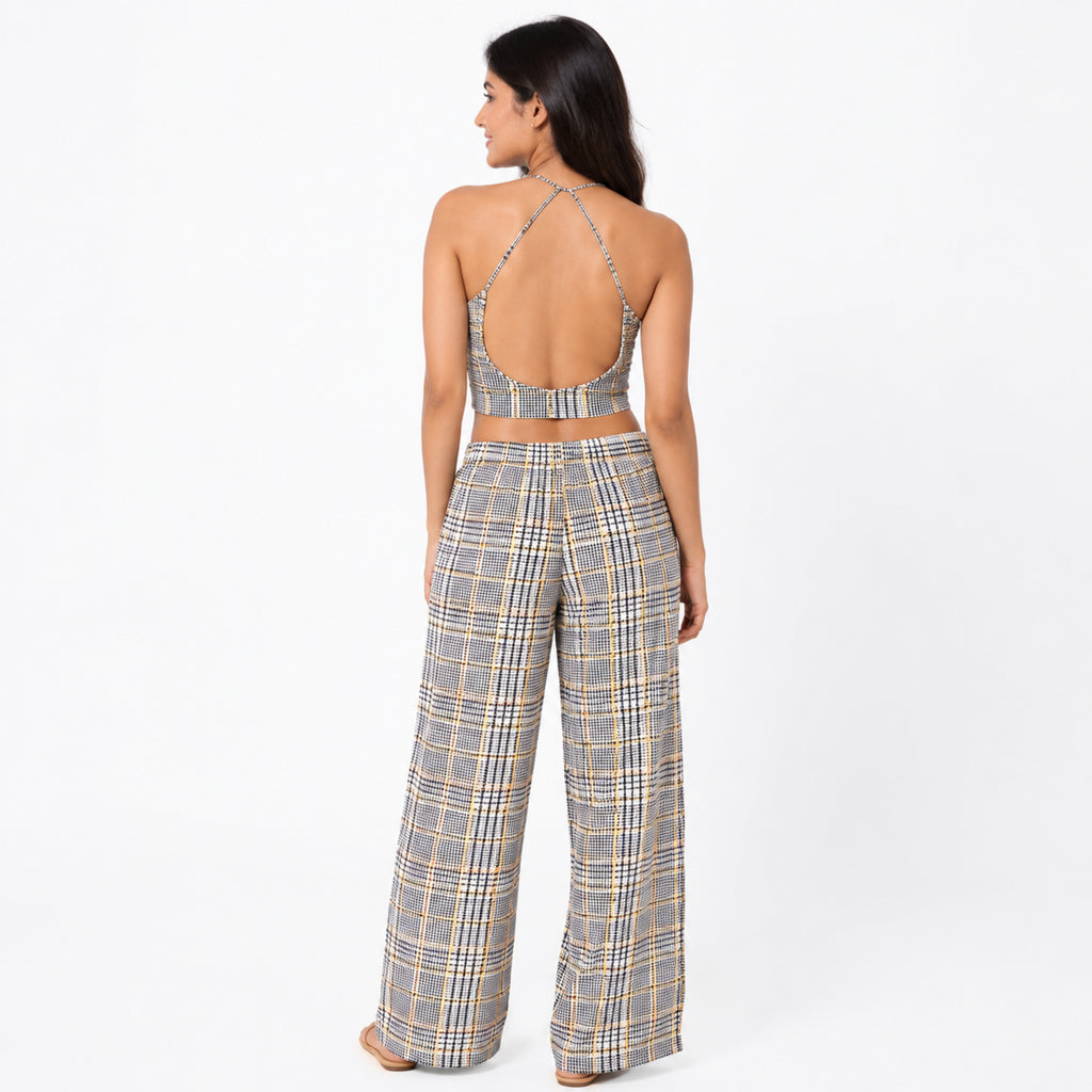 Women's Yellowish Checked Halter Neck Crop Top and Wide-Leg Pant Co-Ord Set | Printed Two-Piece Outfit-4
