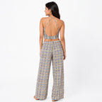 Women's Yellowish Checked Halter Neck Crop Top and Wide-Leg Pant Co-Ord Set | Printed Two-Piece Outfit-4