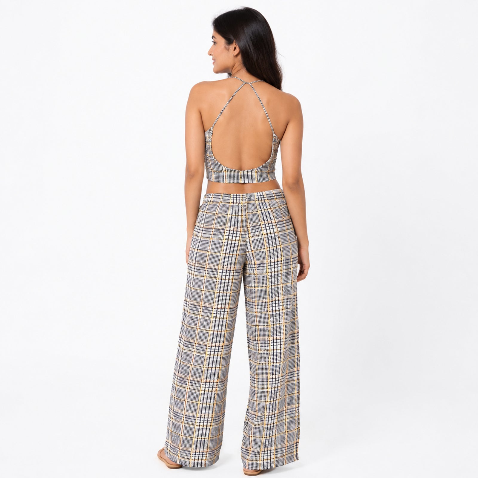 Women's Yellowish Checked Halter Neck Crop Top and Wide-Leg Pant Co-Ord Set | Printed Two-Piece Outfit-4