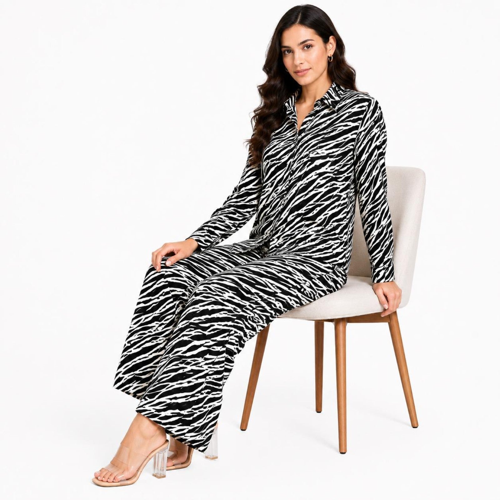 Women's Black & Cream Zebra Print Co-Ord Set | Full Sleeve Collared Shirt with Wide Leg Trousers-3