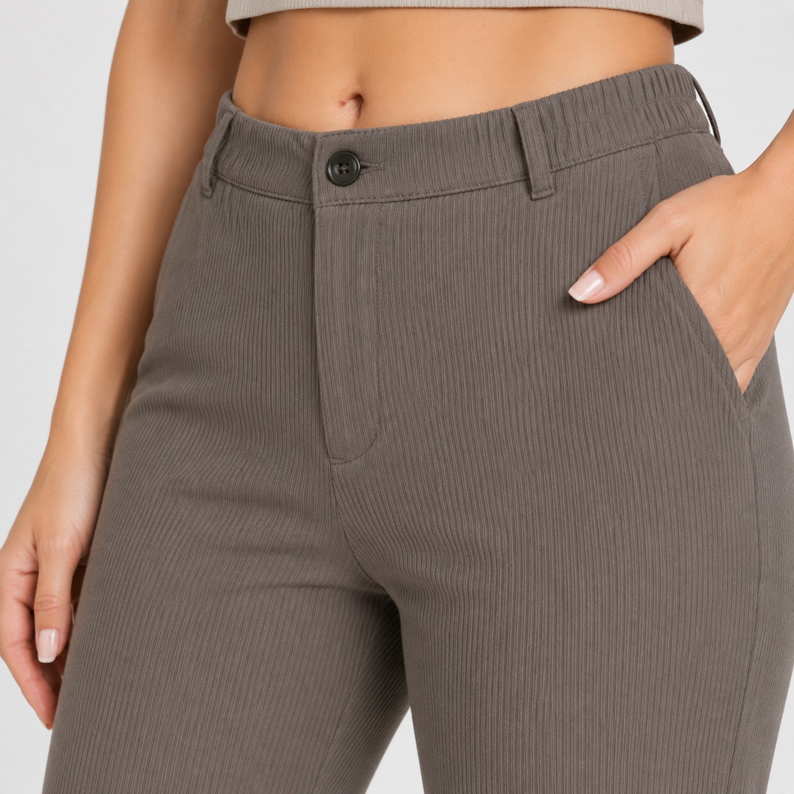 Women's Elegant Light Brown Ribbed Wide Leg Lounge Trousers-2