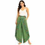 Women's Parrot Green Embroidered Lace-Up Wide Leg Palazzo Pants-2