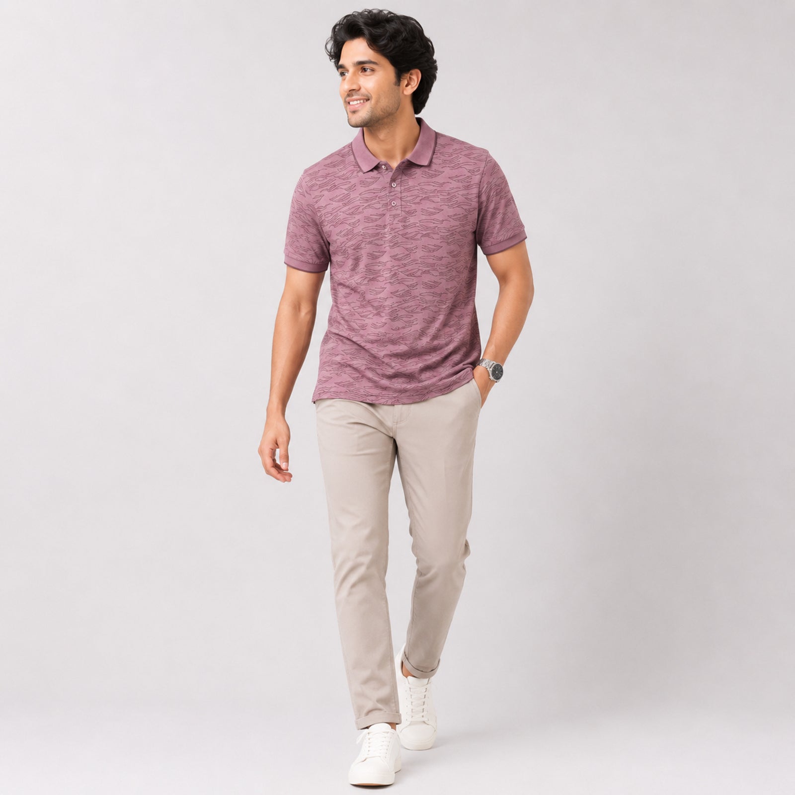 Men's Light Pink Printed Polo T-Shirt-2