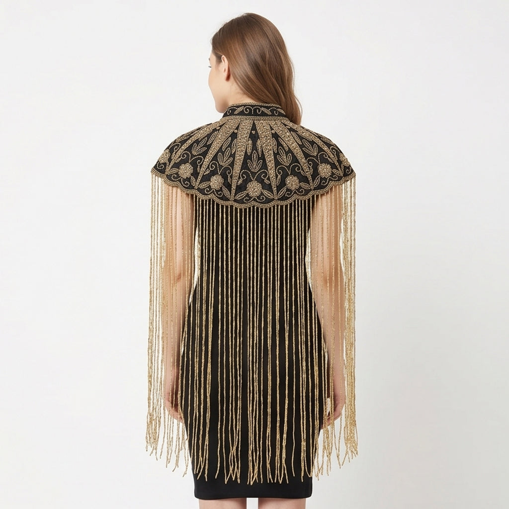 Women's Elegant Hand-Embroidered Black Collar Cape Overlay with Metallic Fringe Tassel Dress-4