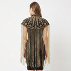 Women's Elegant Hand-Embroidered Black Collar Cape Overlay with Metallic Fringe Tassel Dress-4