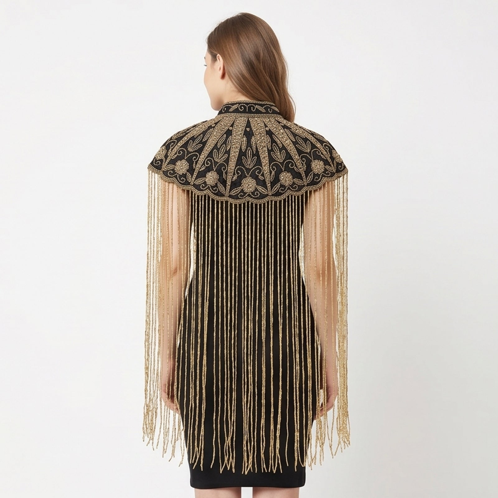 Women's Elegant Hand-Embroidered Black Collar Cape Overlay with Metallic Fringe Tassel Dress-4