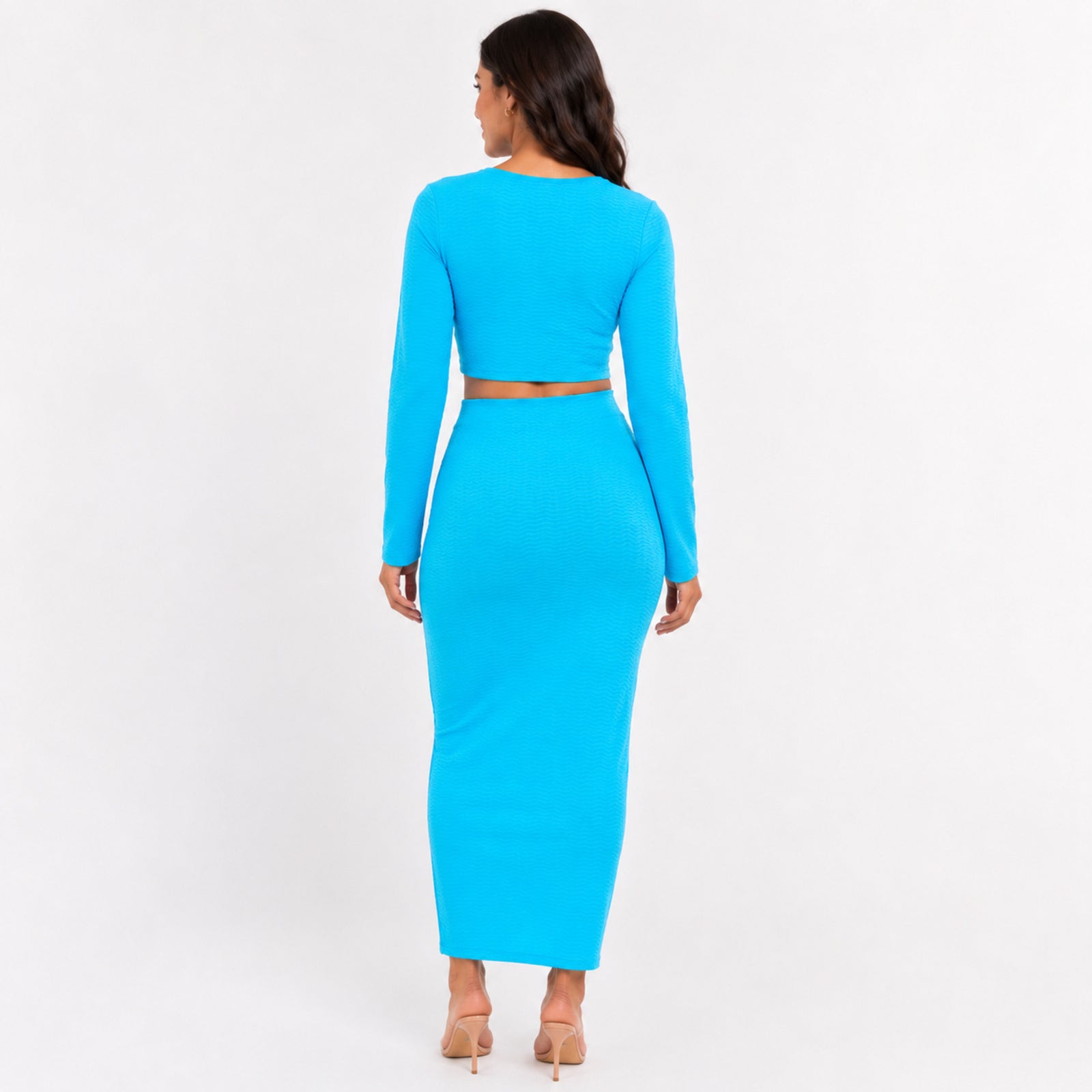 Women's Blue Long Sleeve Crop Top & Midi Skirt Co-Ord Set-4