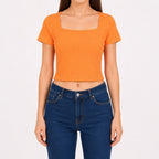 Women's Elite Sunset Orange Ribbed Crop Top with Architectural Square Neckline-1