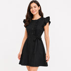 Women's Black Pintuck Ruffle Sleeve Belted A-Line Mini Dress | Button Detail Casual Day Dress-3