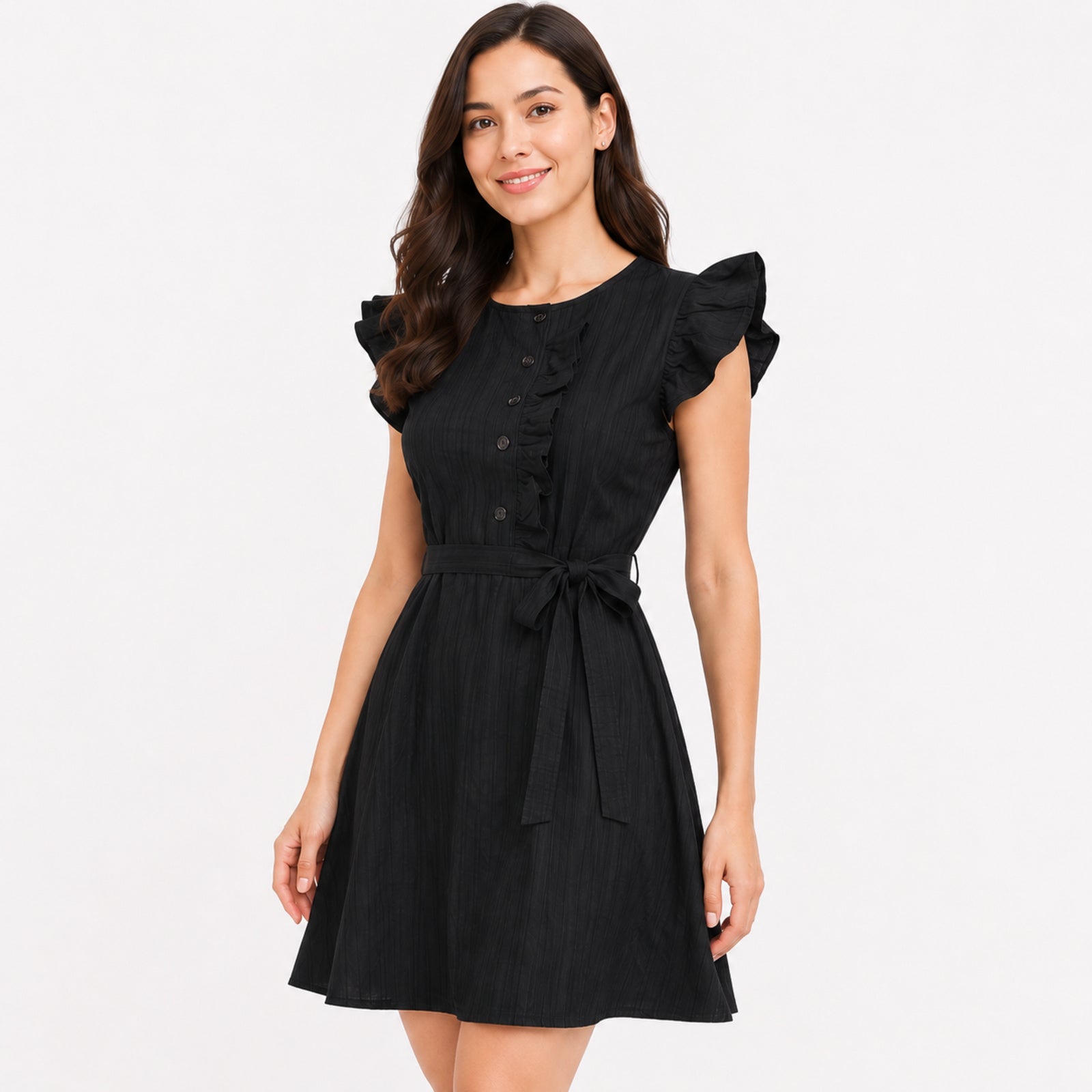 Women's Black Pintuck Ruffle Sleeve Belted A-Line Mini Dress | Button Detail Casual Day Dress-3