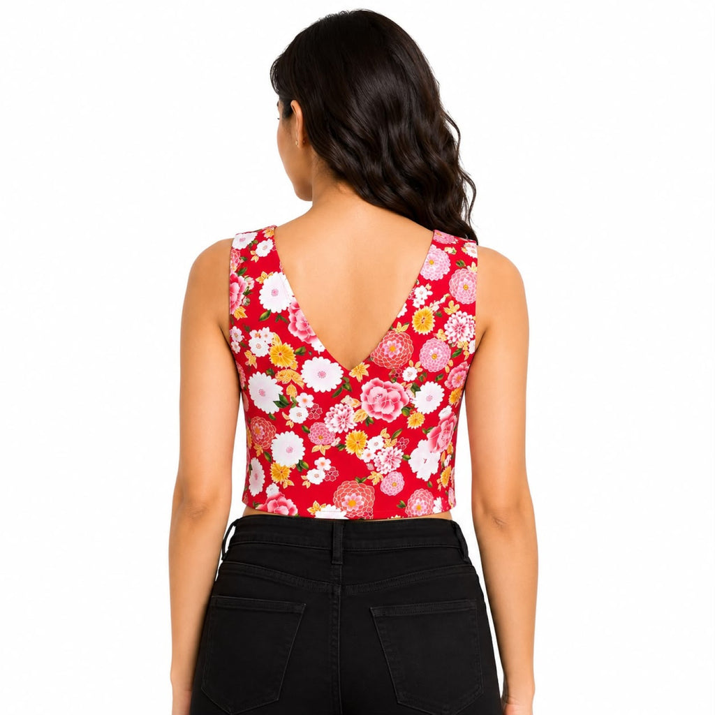 Women's Red Floral Printed Sleeveless Crop Top-4