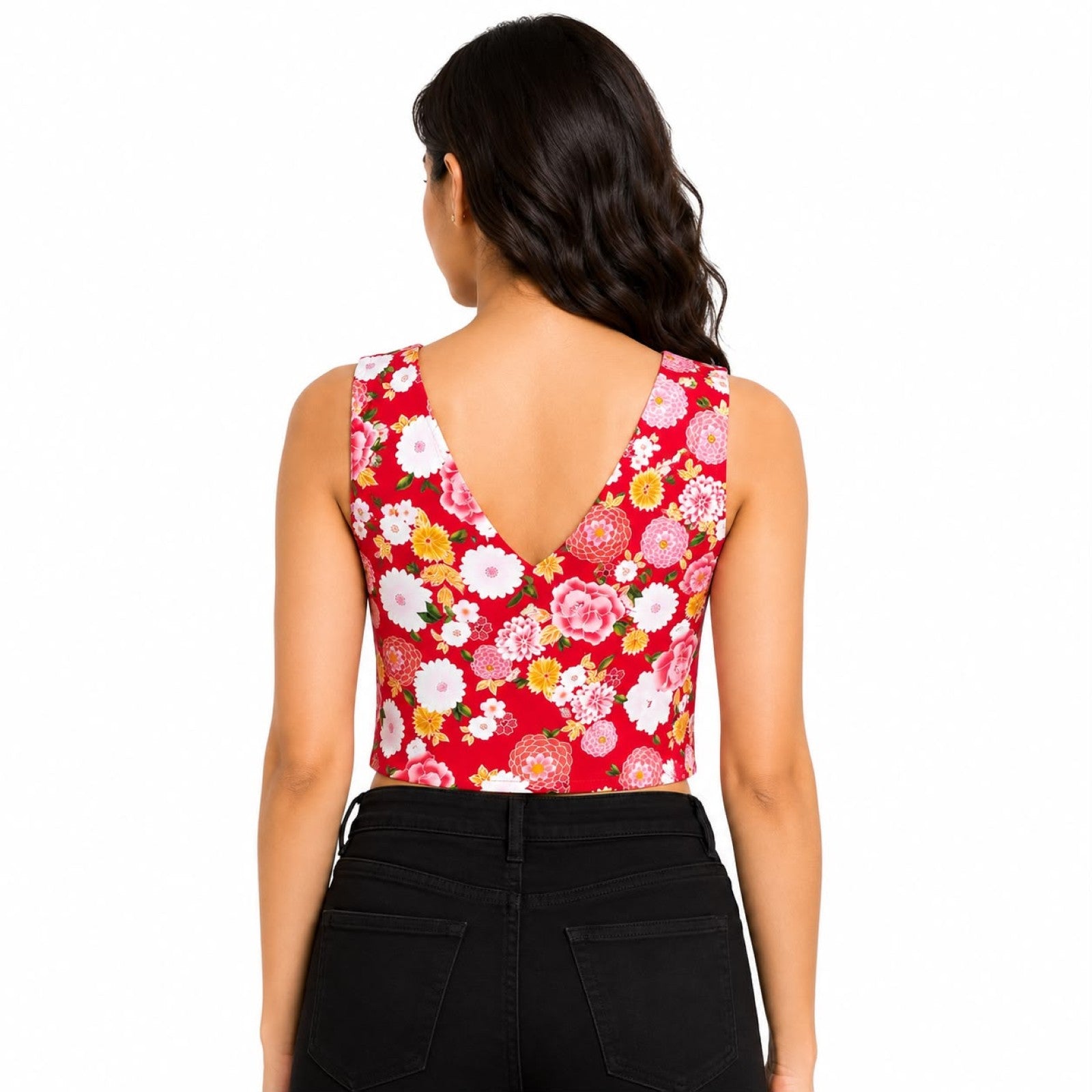 Women's Red Floral Printed Sleeveless Crop Top-4