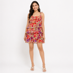 Women's Red Floral Print Layered Shoulder Tie Mini Dress-3
