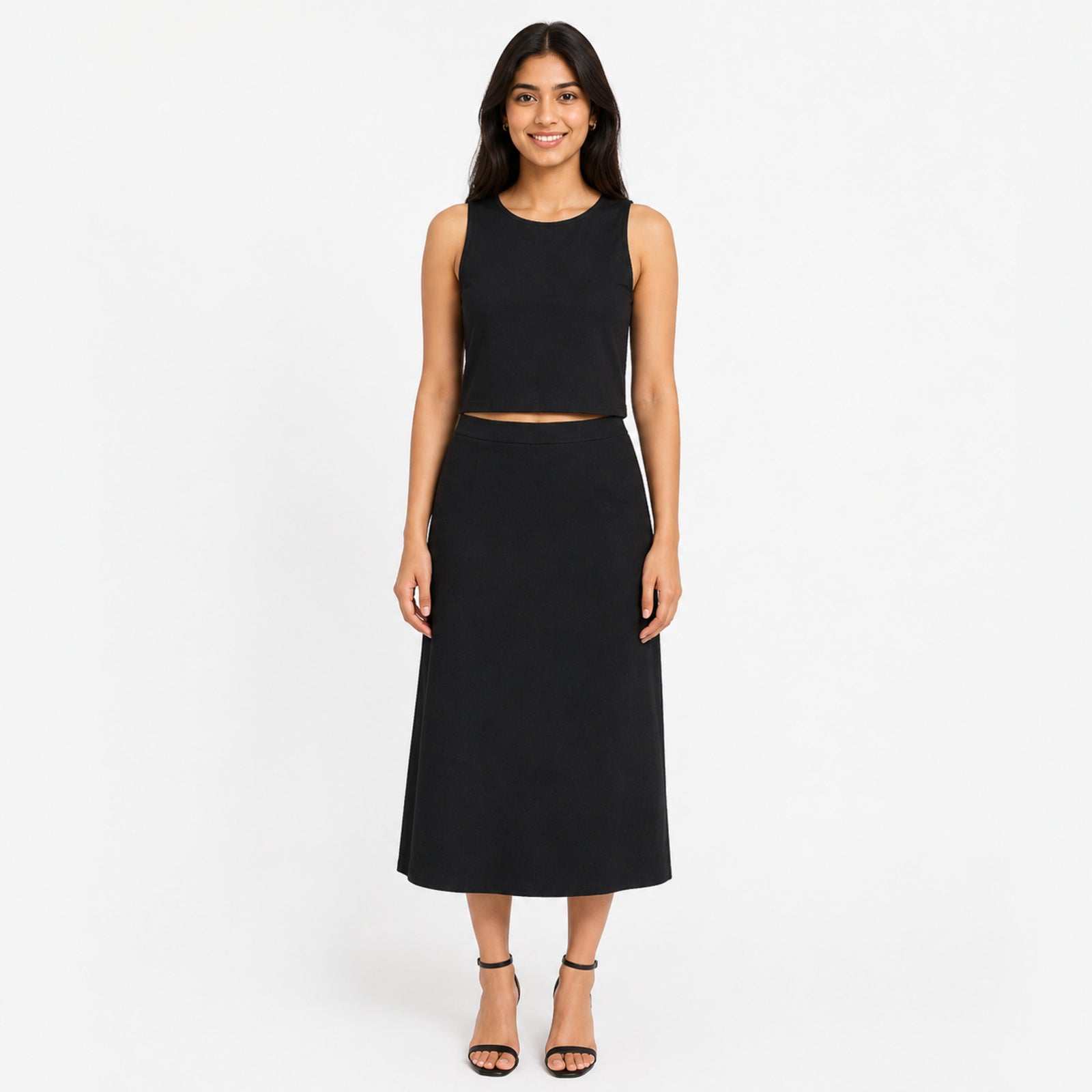 Women's Black Sleeveless Crop Top and Midi Skirt Co-Ord Set-1