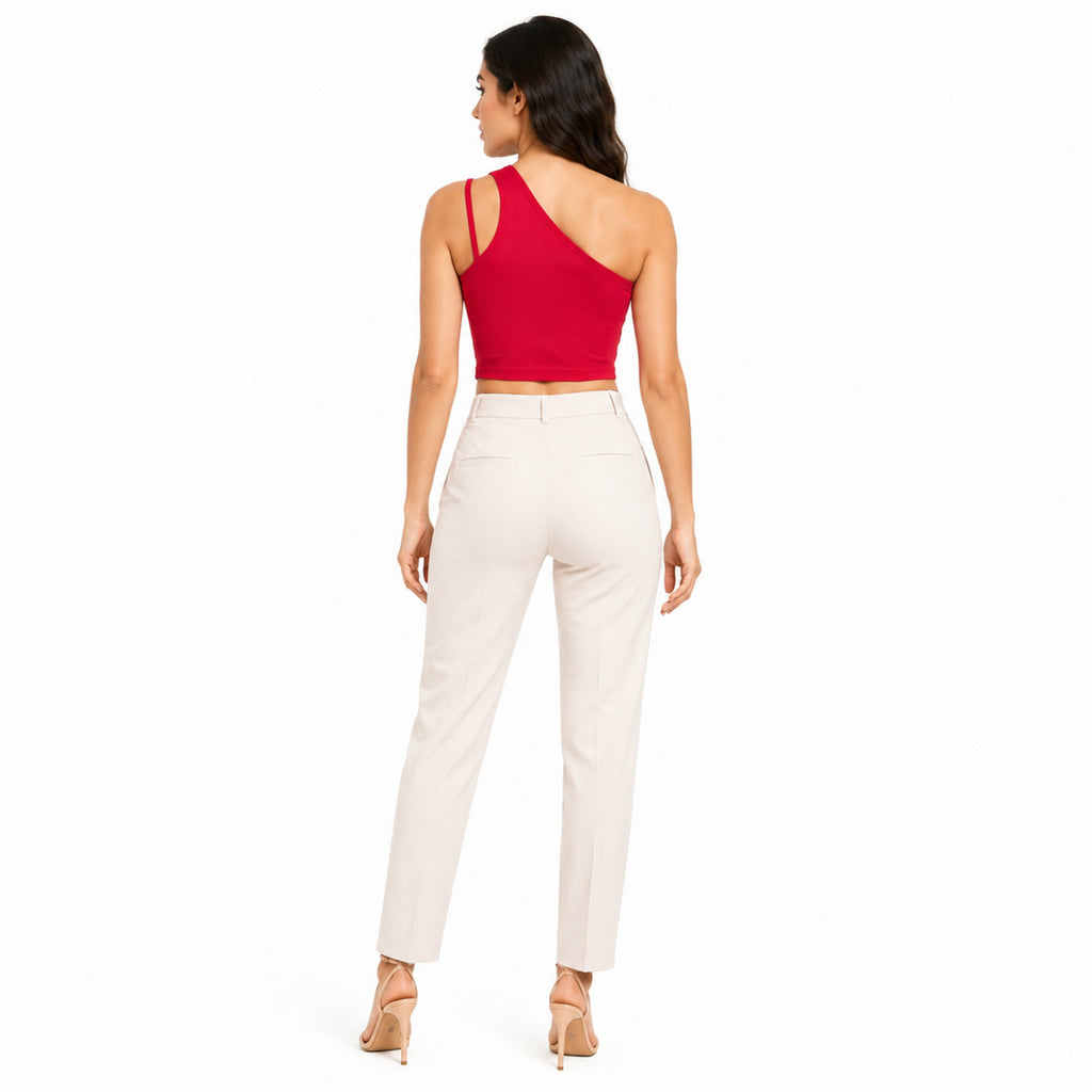Women's Red Asymmetric One-Shoulder Double Strap Fitted Crop Top | Solid Statement Casual Top-4