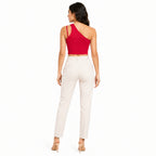 Women's Red Asymmetric One-Shoulder Double Strap Fitted Crop Top | Solid Statement Casual Top-4