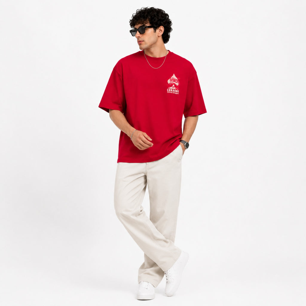 Men's Maroon Dragon Graphic Oversized T-Shirt-1